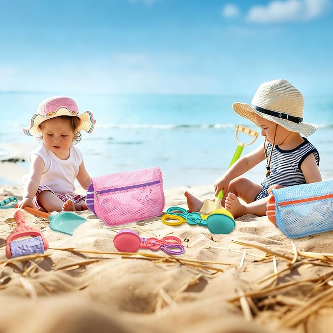Beach Toy Mesh Beach Bag, 2Pcs Seashell Collecting Bags with Adjustable Shoulder Straps - 2pcs Sand Maker, Detachable Beach Shovels & Sand Rolling Mold, Outdoor Toys and Gifts for Kids