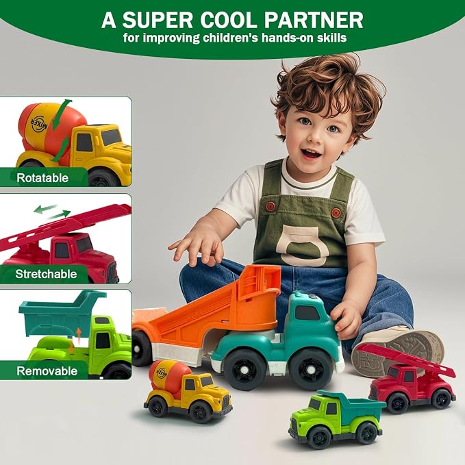 Toddlers Car Toys for 3 4 5 6 Year Old, Toddler Car Toys Dump Truck Toys and Mixer Cement Toy,Construction Vehicle Toys Set for Kids Christmas Birthday Gifts for Toddler Boy Girl 3-4