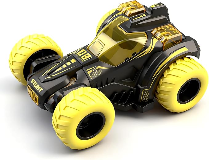 Friction Powered Flip Stunt Car, Push and Go Toy Car with 360° Upright Spin, Dual-Sided Rotating Off-Road Vehicle, No Batteries Required, Toy Car for Boys & Girls Ages 3 (Yellow)