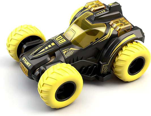Friction Powered Flip Stunt Car, Push and Go Toy Car with 360° Upright Spin, Dual-Sided Rotating Off-Road Vehicle, No Batteries Required, Toy Car for Boys & Girls Ages 3 (Yellow)