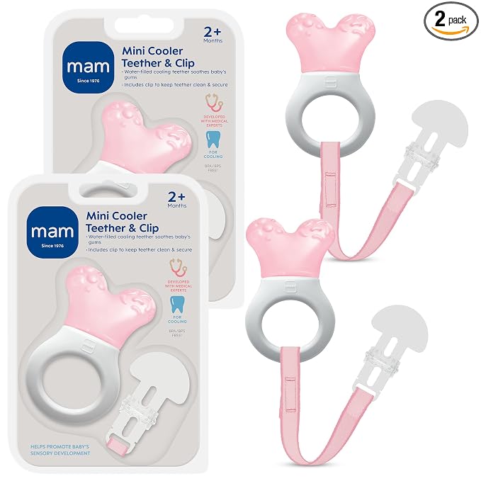MAM Mini Cooler Baby Teether with Clip (2 Pack) – Cooling Teething Rings for Teething Relief, Lightweight Easy-Grip Design, Reaches Back Teeth, Refrigerator Safe Infant Teething Toy