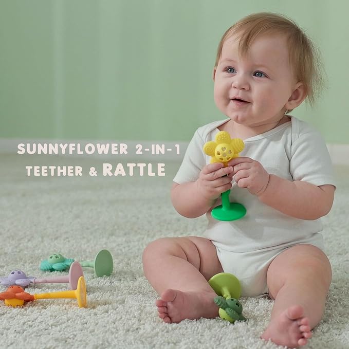 Baby Teething Toys, Teether and Rattle 2-in-1 for Babies 0-6 Months, Food Grade Silicone Teethers for Baies 3-6 6-12 Months, Infant Teething Relief Chew Toys, Sunnyflower Teether Toy BPA Free - Blue