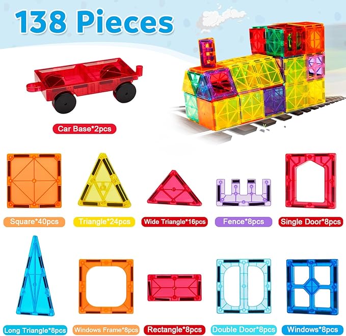 Ryoichi 138PCS Magnetic Tiles Set with 2 Cars, STEM Educational Construction Building Blocks & Montessori Learning Toys for Kids Ages 3-9+ Years