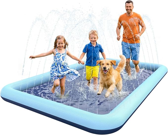 VISTOP Non-Slip Splash Pad for Kids and Dog, Thicken Sprinkler Pool Summer Outdoor Water Toys - Fun Backyard Fountain Play Mat for Baby Girls Boys Children or Pet Dog (97 * 60 inch, Blue&Blue)