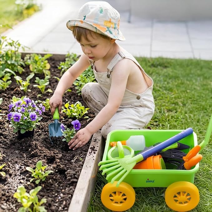 Dimple Garden Wagon & Tools Toy Set, Kids Gardening Set - 15 Pcs Outdoor Toys for Toddlers, Sand Toys - Sturdy & Durable - Top Yd, Beach, Sand, Garden Play Set for Kids & Toddler Gardening Tools