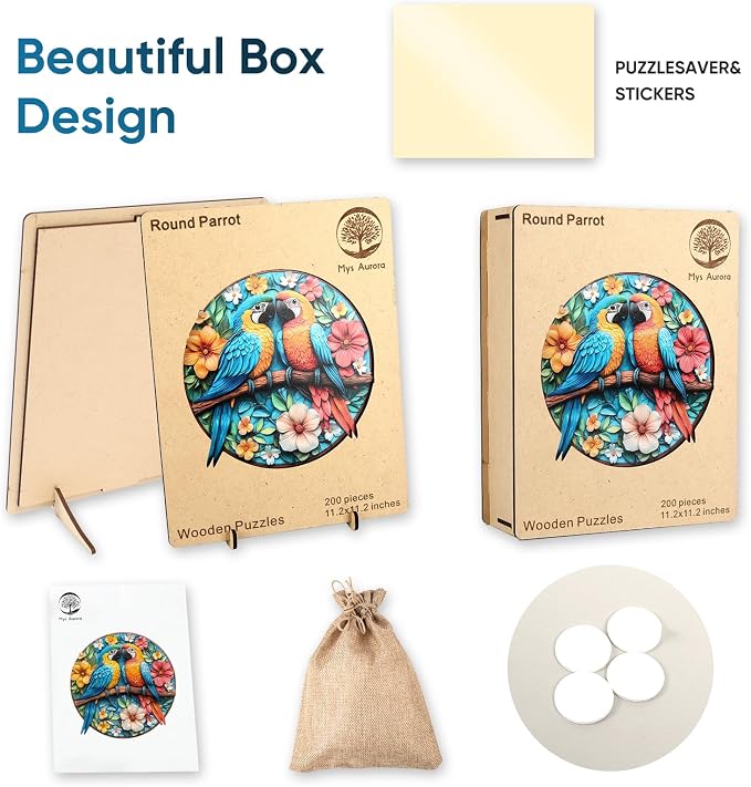 Mys Aurora Wooden Puzzles for Adults Round Parrots Jigsaw Puzzles, 200 Pieces 5MM Thick, Unique Shaped Colorful Bird Puzzle Family Game Gift for Adults and Kids, 11 x 11.2 Inch