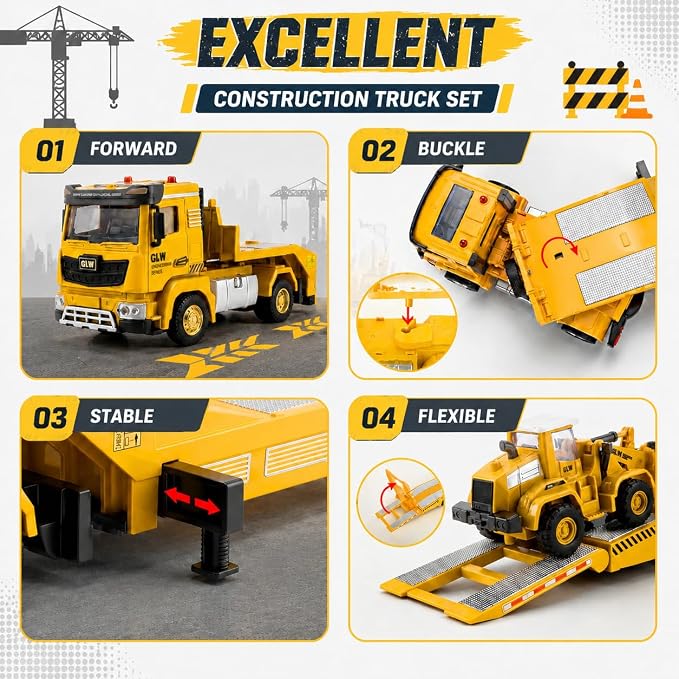 Alloy Die-Cast Construction Vehicles Toys Set w/Semi Truck, Excavator & Bulldozer - Real Lights & Sounds, Movable Parts - Learning Toys Gift for 3-7 Year Old Boys Girls