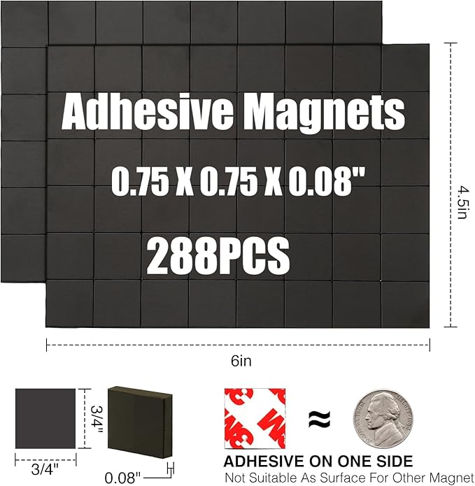 Adhesive Magnets Each 3/4" x 3/4",288PCS Value Pack for Teacher in Classroom,Office Essentials Supplies to Make Things Into Magnetic Sticker(80mil Magnet)