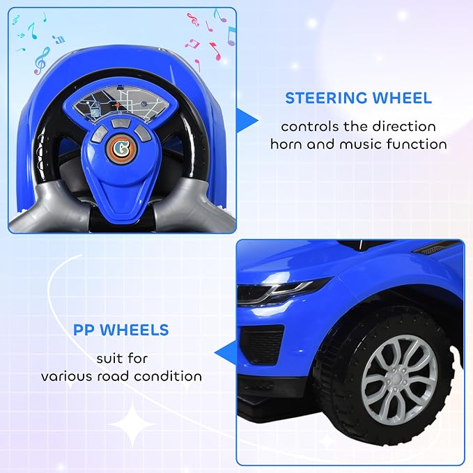 Aosom 3 in 1 Push Cars for Toddlers Kid Ride on Push Car Stroller Sliding Car with Horn Music Light Function Secure Bar Ride on Toy for Boy Girl 18-36 Months, Blue