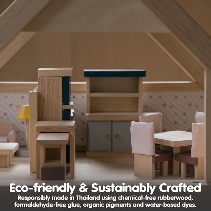 PlanToys® Wooden Dining Room Set | Montessori Dollhouse Furniture with Table, Chairs, Cupboard and Shelf | Imaginative Role Play Toy for Social Interaction | Eco Friendly Pretend Play Kitchen Activity