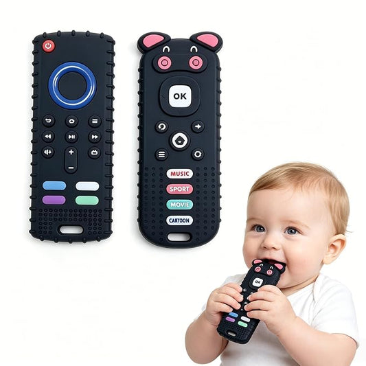 SOLIFEGOBLE 2 Pack Silicone Teething Toys, Cute Pig-Shaped Remote Control Style Teethers for Babies 6-18 18-24 Months, BPA-Free Soft Chew Toys for Teething Relief (Black)