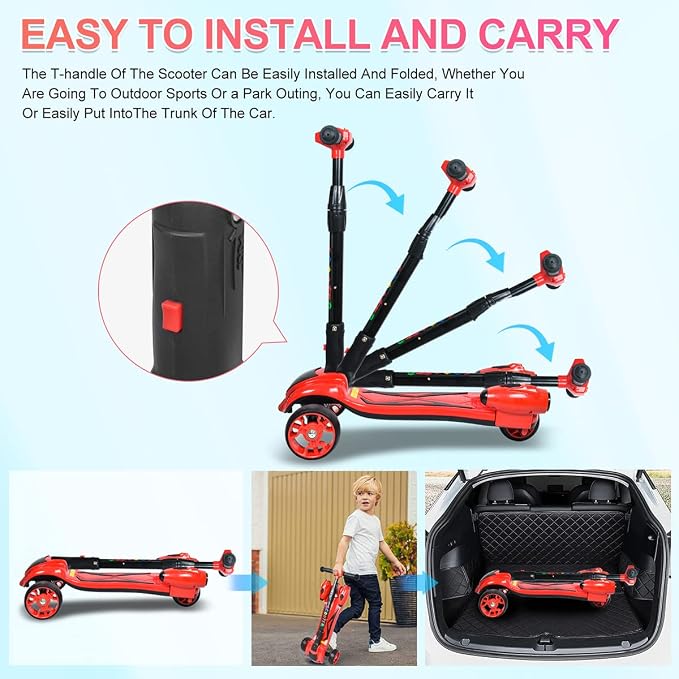 3 Wheel Scooter for Kids, Toddler Scooter with Bluetooth Music Speaker Steam Sprayer LED Lights Aluminum Alloy T-Bar, Folding Kick Scooters for Boys Girls Ages 3-10