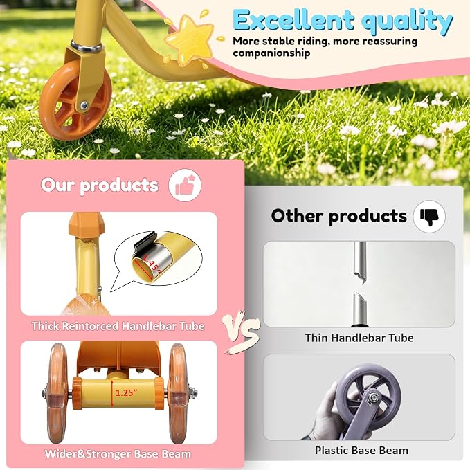 Three Wheel Scooter for Kids 2-5, Light Up Princess Scooters with Handleber-Steer, Adjustable Height Kick Scooters for Boys & Grils, Indoor and Outdoor Use