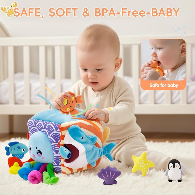SAIMAND Baby Toys 6-12 Months–Mystery Soft Box with 5 Plush Marine Animals,Rattle,Crinkle Paper & Mirror–Montessori Sensory Toys for 6 Month Old Babies 1-3 Year Old Boy Girl Birthday