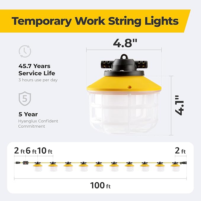 100FT 3 Prong 150W Construction String Lights with Switch, 10-Head LED Work Light, ETL Certified, 18/3 SJTW Cord, IP65 Waterproof, Linkable up to 6 Sets, for Jobsite, Attic, Garage