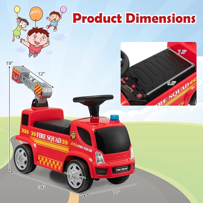 HONEY JOY Ride On Push Car with Bubble Maker, Fire Engine Push Cars for Toddlers w/Horn, Music, Lights, Under Seat Storage, Foot-to-Floor Ride On Fire Truck Toy for Kids Boys Girls, Red