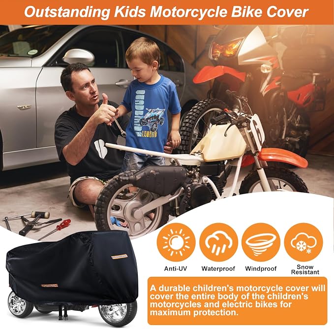 Kids Bike Cover Waterproof Outdoor,GRABADO Heavy Duty 420D Kids Motorcycle Bike Cover,Universal Children's Tricycle Cover with 4 Reflective Strips and Windproof Buckle,Small Kids Ride On Toy Car Cover