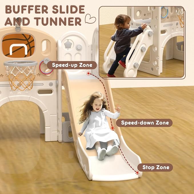 XJD 8 in 1 Toddler Slide Set, Kids Slide for Toddlers Age 1+, Climber Slide PlaySet with Basketball Hoop and Ball,Outdoor Indoor Playground for Toddlers 1-3 (Beige Coffee, 8 in 1)