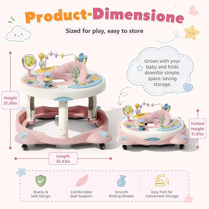 Baby Walker with Wheels, Foldable Baby Walker for Baby 6-12 Months, 3-Position Rotating Seat with Interactive Activity Center, Music Buttons, Baby Walkers for Boys Girls(Pink)