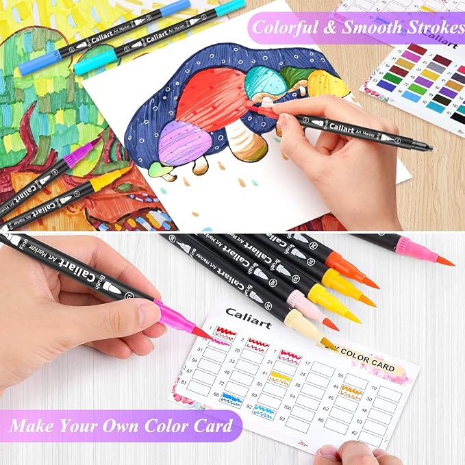 Caliart 34 Double Tip Brush Pens Art Markers, Artist Fine & Brush Markers for Adult Coloring Books Journaling Calligraphy Lettering Planners Cards Drawing Craft Kit Teacher Office Supplies
