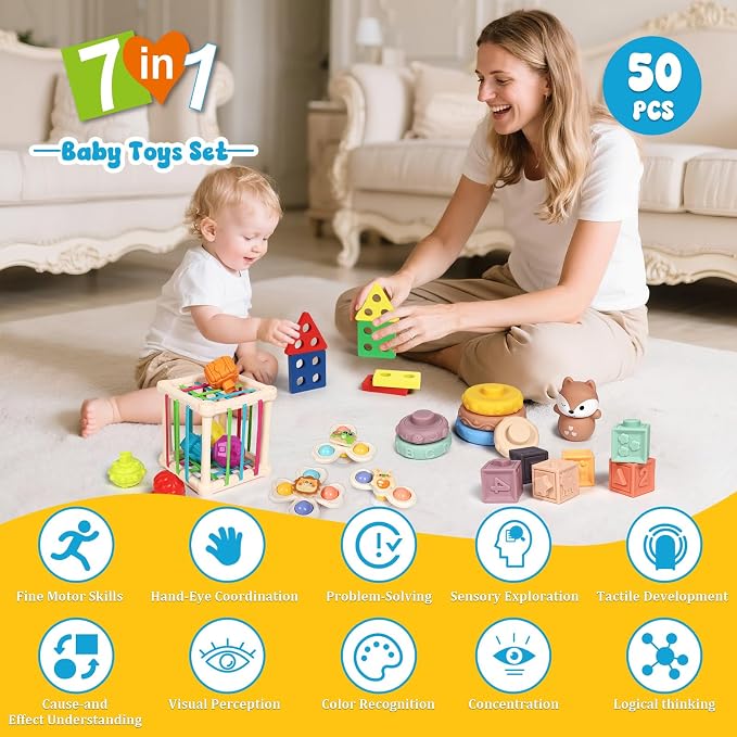 LearnToy Baby Toys 18-36 Months, Montessori 7-in-1 Activity Set | Stacking Blocks, Infant Teething Toy & Sensory Bin, Baby Boys & Girls Gifts