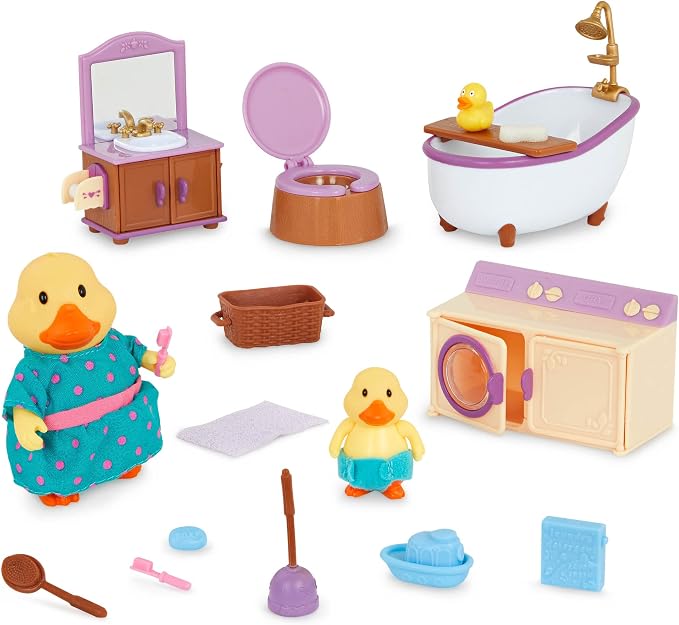 Li'l Woodzeez – Dollhouse Furniture Playset – 2 Posable Figures – Bath & Laundry Playhouse Toy – Imaginative Roleplay for Kids Ages 3 Years and Up – Colorful & Durable – Encourages Creative Play