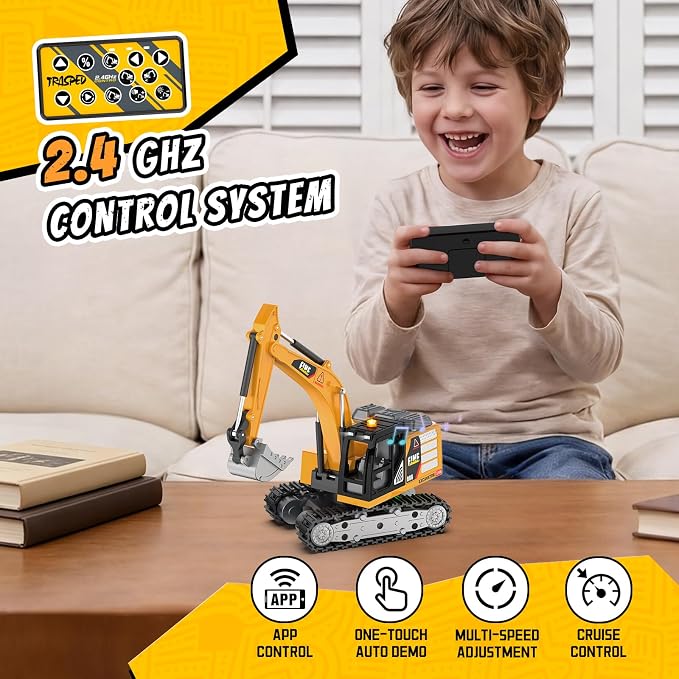 Selieve 1/64 Remote Control Excavator for Boys Age 3+ | Mini Excavator Toy, Learning Programming, Metal Shovel & Light, RC Construction Vehicle
