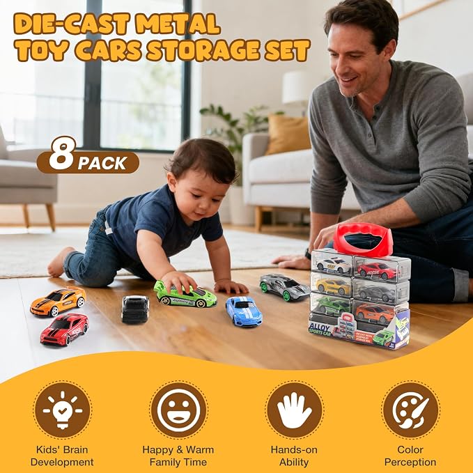 Die Cast Pull Back Toy Cars, 4 Pack 1:64 Mini Cars with (Big) | 4 pull-back die-cast mini cars with a portable storage case for racing, collecting, sharing, and travel play.