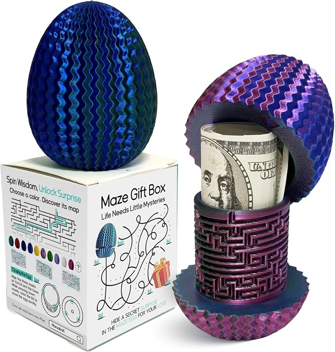 Money Puzzle Box for Cash Gift Card Holder - Reusable Secret Safe with 4 Unique Maze Egg Designs, 3D Printed Brain Teaser Game for Teens Adults, Easter Birthday Christmas Stocking Stuffer