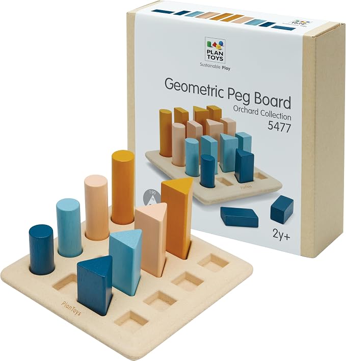 PlanToys® Wooden Geometric Peg Board | Montessori Inspired Shape Sorting & Stacking Toy for Size Sequencing & Logical Thinking | Eco Friendly Learning Toy for Colours, Patterns & Early Geometry