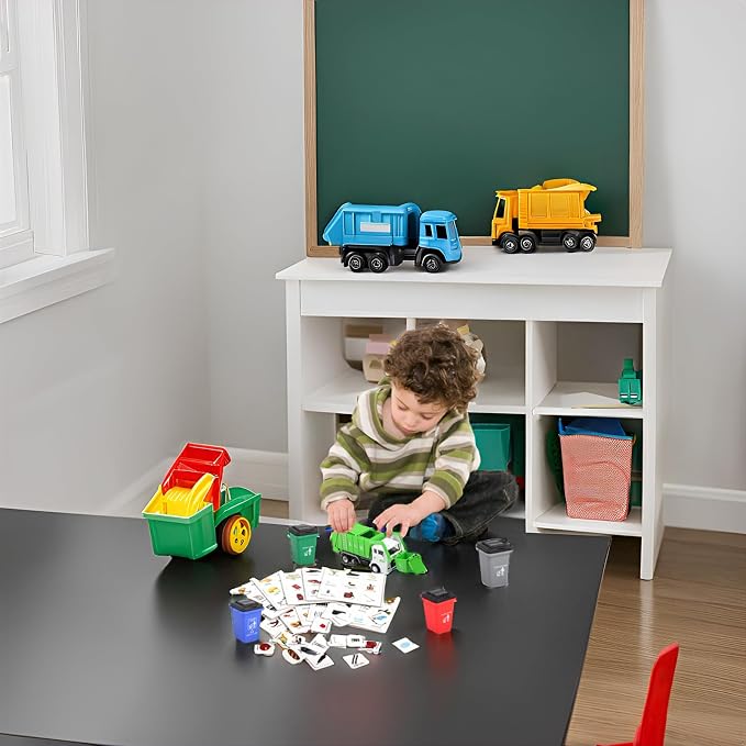 FIVEDAOGANG Small Friction Powered Garbage Truck Toys Set, Includes Front Load Dumpster, 4 Trash Bins and Trash Learning Cards for Kids