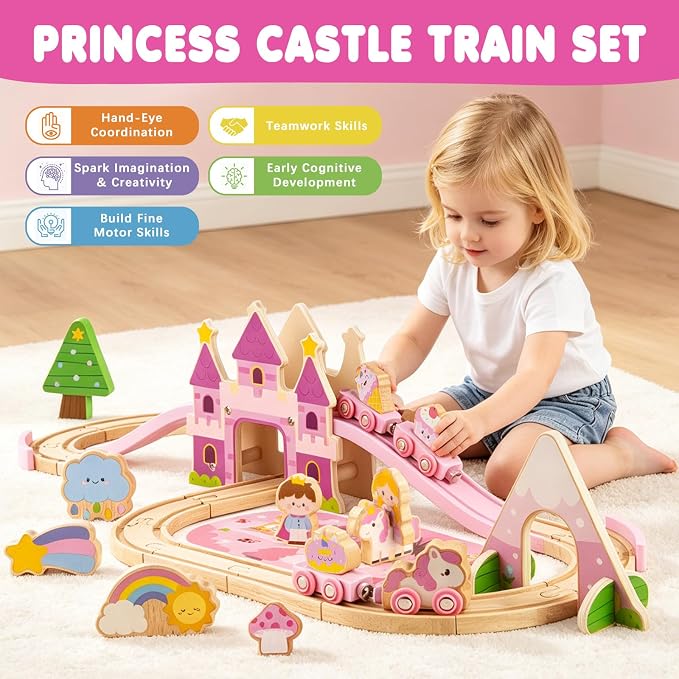 Wooden Train Set for Toddlers 3-5, 40PCS Pink Princess Castle Wooden Train Track Set with Fairies, Girl Toys Age 3-6 Birthday Gift for 3 4 5 Year Old Girls