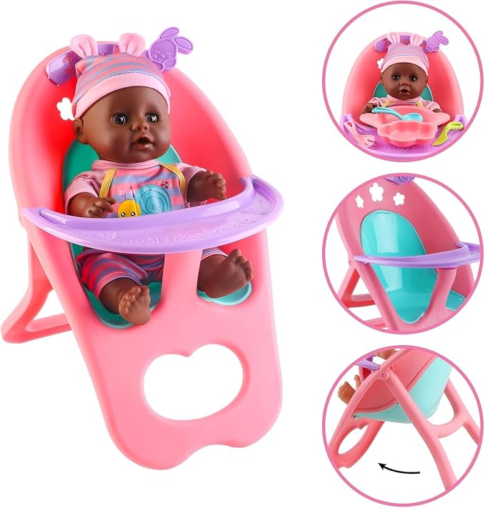 deAO 12” Black Baby Doll Play Set with Crib, Mobile, High Chair Feeding Accessories, Interactive Dolls for Girls Kids Pretend Play Baby Dolls 21 PCS