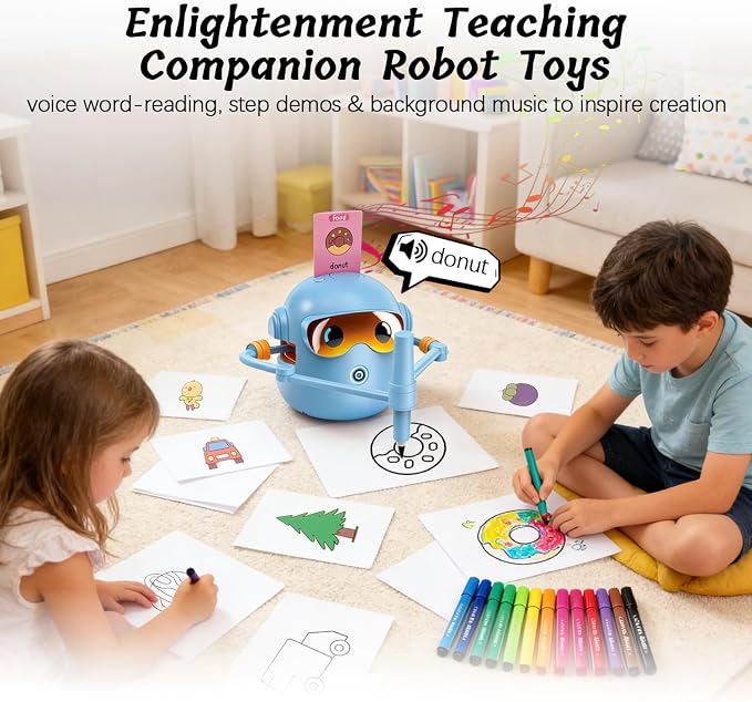 Drawing Robot for Kids with Voice Read & Music Educational Drawing Machine, Montessori Painting Learning Toy for Age 3-12, 4 Paintbrushes/100 Cards/12 Colorful Pens, Gift for Boys & Girls
