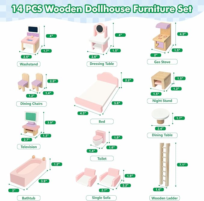 SIMPLIPLAY DIY Portable Wooden Dollhouse, Pretend Play Doll House Set with 4 Rooms, 13 Furnitures, 2 Dolls, 3 Sticker with 2 Styles, 1 Wooden Ladder, Doll House for 3+ Year Old Kids Boys Girls Gift