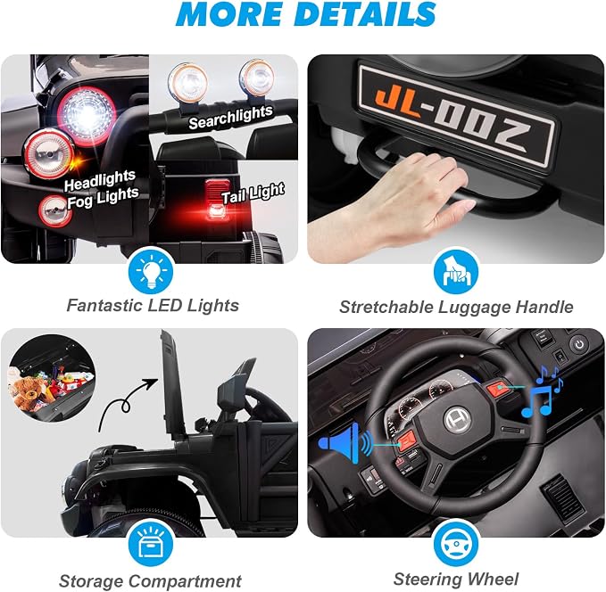 Fitnessclub Electric Cars for Kids, 12V Powered Kids Ride On Car with 2.4 GHZ Bluetooth Remote Control, LED Lights, MP3 Player, 3 Speeds, Waterproof Cover (Black)