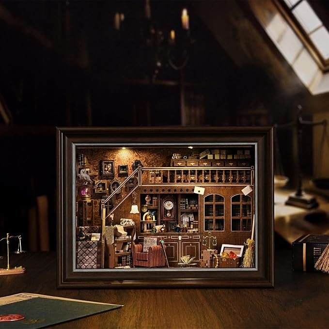 Book Nook Kit-3D Wooden Puzzle with LED Touch Control & Wall-Mountable Frame,DIY Miniature House for Beginners,Bookshelf/Tabletop/Wall Decor for Craft Lovers,Dollhouse Gift,Secret Attic