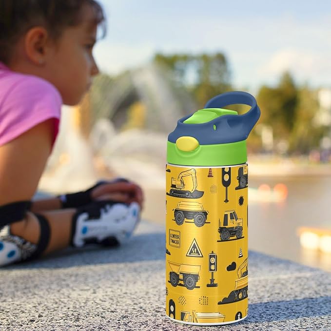 Boccsty Tractor Yellow Truck Kids Water Bottle with Straw Lid Construction Machines Insulated Stainless Steel Reusable Tumbler for Boys Girls Toddlers 12 oz Green