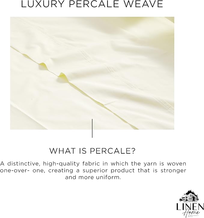 Linen Home 100% Cotton Percale Sheets Twin XL Size, Cream, Deep Pocket, 3 Pieces Set- 1 Flat, 1 Fitted and 1 Pillowcase, Crisp Cool and Long Staple Strong Bed Linen