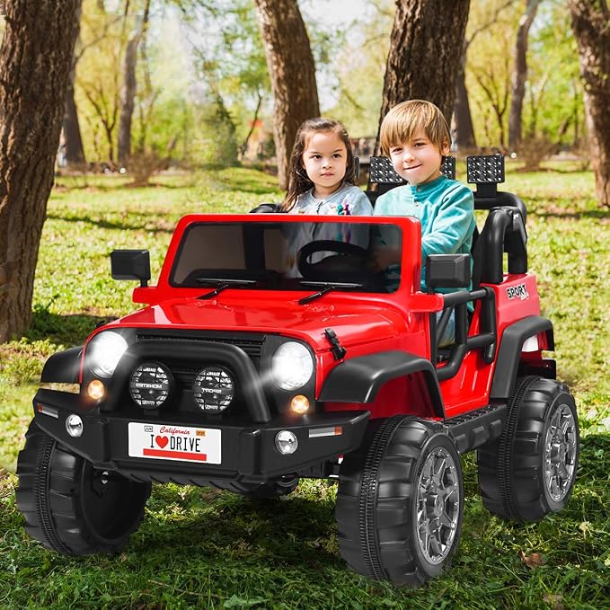 Costzon 2-Seater Ride on Truck, 12V Battery Powered Electric Vehicle Toy w/Storage, Remote Control, 3 Speed, LED Lights, MP3, Horn, Music, 2 Doors Open, Spring Suspension, Ride on Car for Kids (Red)