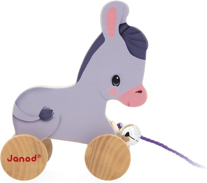 Janod - Wooden Donkey with Bell - Pull and Push Activity Toy - Learn Motor Skills and Imagination - 50cm String Suitable for Little Hands - from 12 Months, J03323