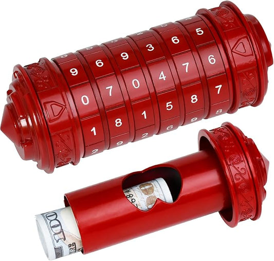 wellsee Da Vinci Code Numeric Mini Cryptex Brainteaser Puzzle Box,Metal Password Lock Cash Box with Hidden Compartment for Money,Challenge Game for Ages 12+ and Up,Unique Xmas Gifts for Her & Him,Red
