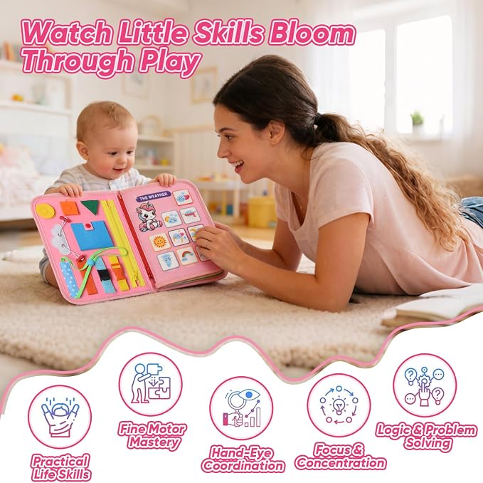 Unicorn Busy Book for Toddlers Ages 1-3, Educational Montessori Toys | 8-in-1 Montessori Toys, Educational Activity Board, Sensory Travel Toys, Ages 2-4 & Baby 6-12 Months