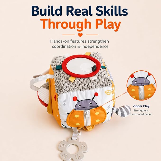 Baby Activity Cube Toy 8-in-1 for Babies 6-12 Months | Montessori Sensory Cube with Mirror, Teether, Crinkle Textures & Fine Motor Activities | Soft Busy Cube Toy for Toddler