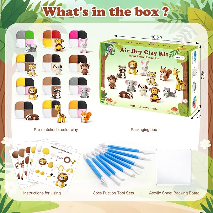 Kids Air Dry Clay Kit – 12 Animal Sculpting Set with Tools & Tutorials | Safe, Ultra-Light, No-Bake Clay | STEM Art Gift for Ages 3+