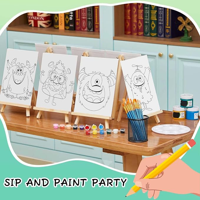 Ireer 12 Set Paint Party Set 8 x 10 Sip and Paint Kit Include 12 Printed Pre Drawn Canvas Panel, Wooden Easels, Palettes, Pots, Apron 36 Brushes for Adult Art DIY Party(Monsters)