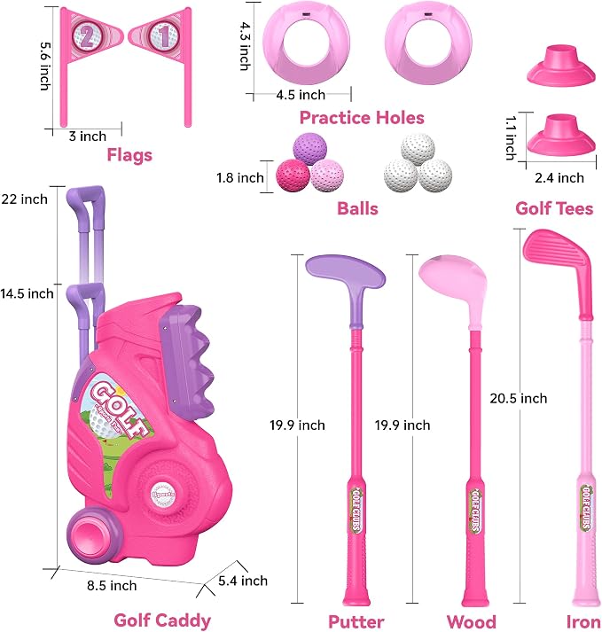 Liberry Toddler Golf Set for 2 3 4 Years Old, Upgraded Kids Golf Cart with Unique Shoulder Strap Design, Indoor and Outdoor Golf Toys Gifts for Girls Boys (Pink)