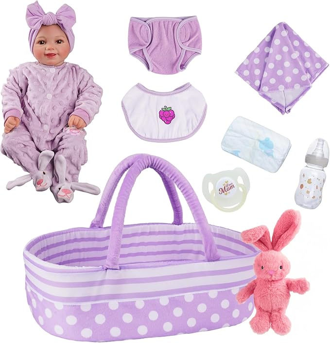 BABESIDE Lifelike Reborn Baby Dolls with Bassinet, 17 Inch Soft Body Realistic Newborn Real Life Girl Baby Dolls Soft Vinyl and Cloth Body with Basket & Feeding Kit Gift Box for Kids Age 3+