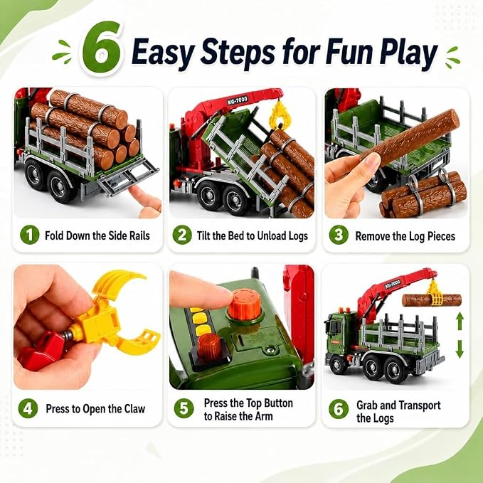 15" Green Crane Truck Toy,Logging Truck Tow Truck Toy,Construction Trucks for Boys Girls 3 4 5 6 7 8 Years Old,with Lights & Sounds,Holiday and Birthday Gift