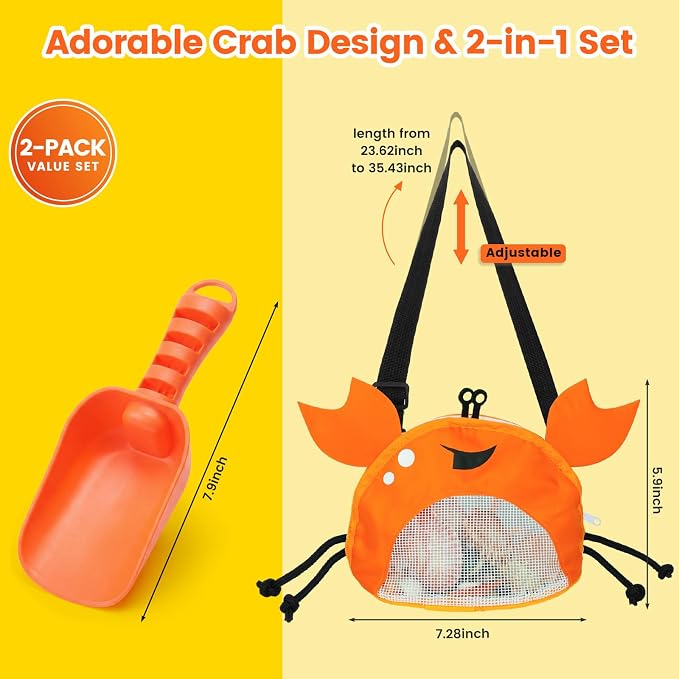 AMOR PRESENT Mesh Beach Bag for Kids, Shell Collecting Bag with Shovel Adjustable Strap for Holding Shell Sea Pool Sand Toy, Orange